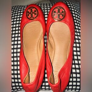 Tory Burch Red Leather Logo Ballet Flats
